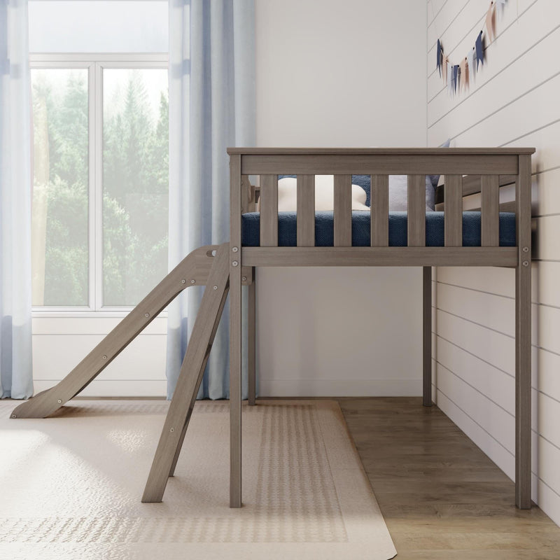 Neutral nursery with wooden kids' loft bed and slide, navy bedding, white shiplap wall and large window with sheer curtains