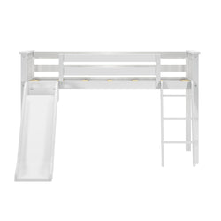 White wooden loft bed with slide and ladder, perfect for children's bedroom furniture.