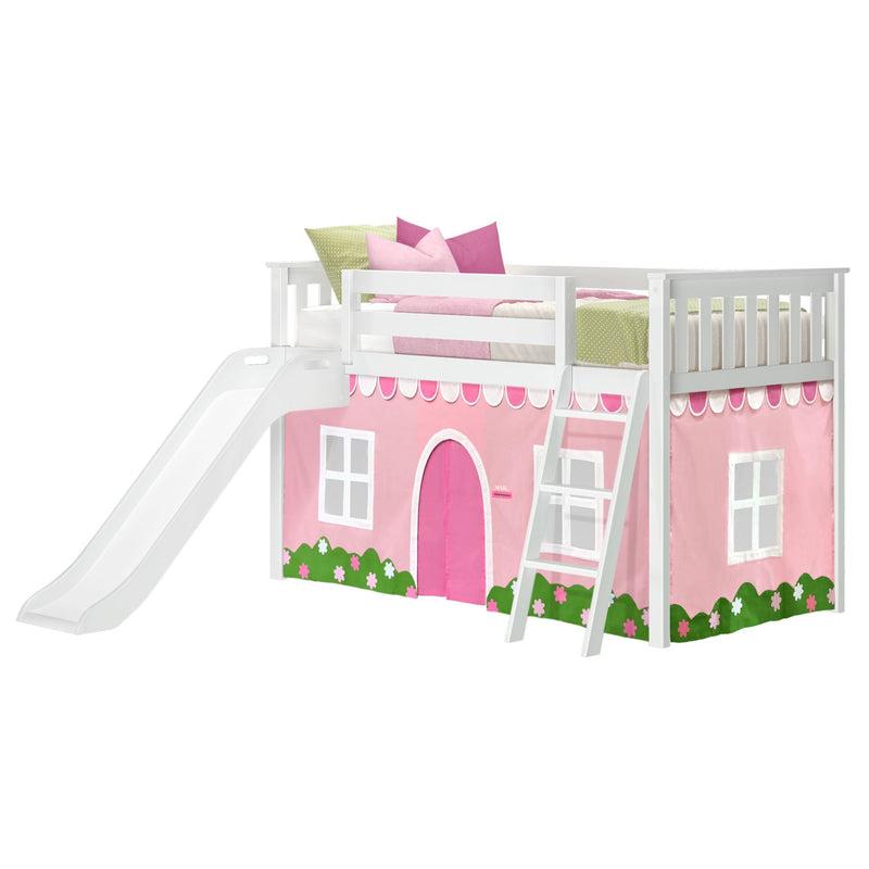 White wooden children's loft bed with slide and ladder, pink playhouse tent panels with floral trim, twin mattress and decorative pillows