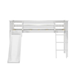 White kids' loft bed with slide and ladder.