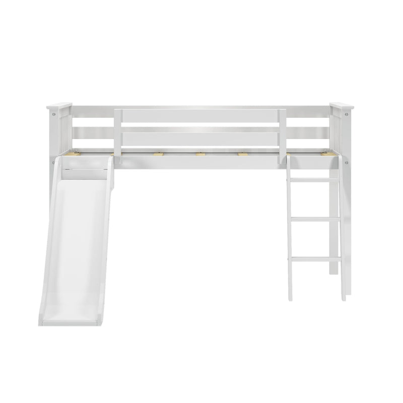 White kids' loft bed with slide and ladder.