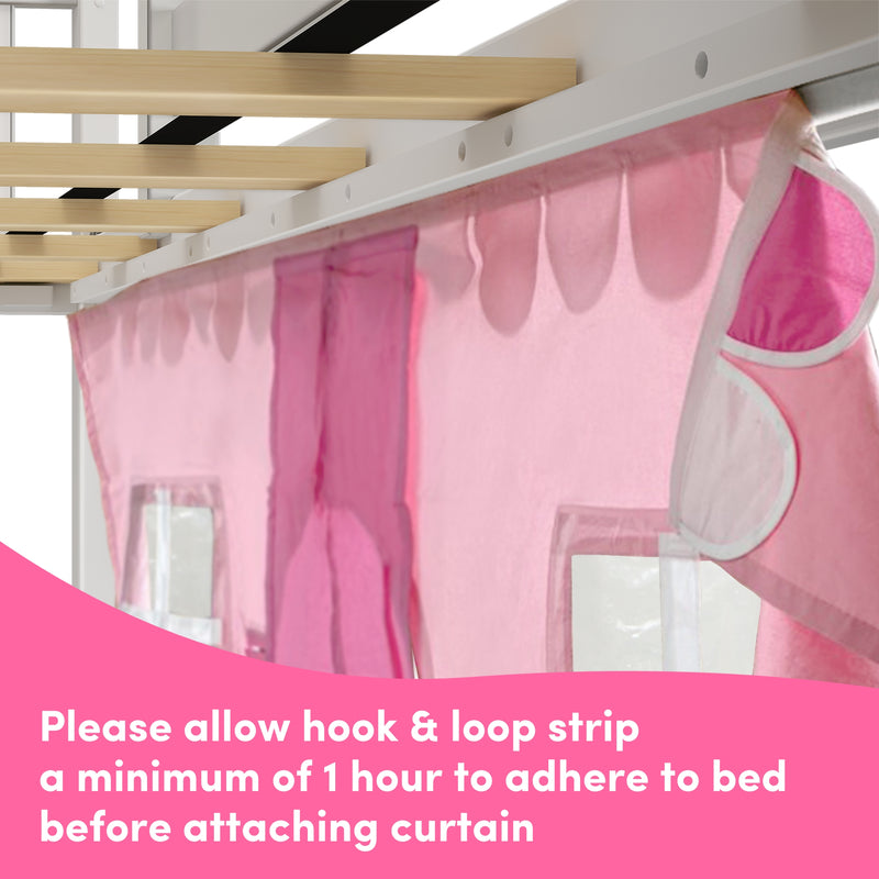 Pink kids' loft bed curtain attached under wooden slats with hook-and-loop (Velcro) strip, showing curtain pockets and window panels — allow 1 hour for adhesive to set before attaching