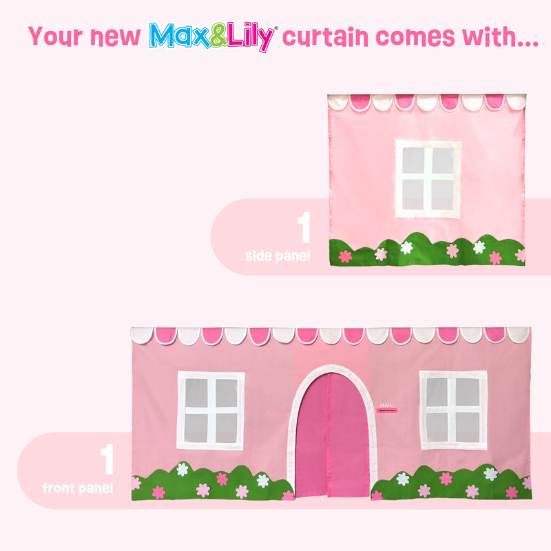Max&Lily pink playhouse curtain panels for kids bed tent — front panel with arched door, two window panels, scalloped awning and floral green trim plus side panel