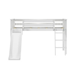 White wooden loft bed with slide and ladder, perfect for children's bedroom furniture.
