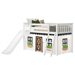 Children's white loft bed with slide, ladder, and playhouse design featuring window and door details.