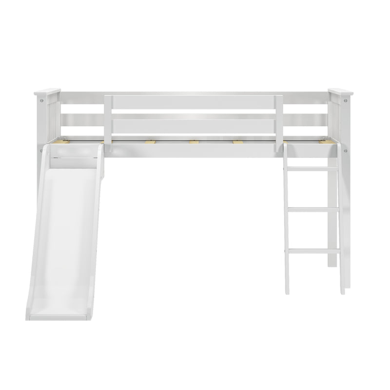 White children's loft bed with built-in slide and ladder, white wooden frame, safety guardrails and slatted mattress platform — modern space-saving kids' bedroom furniture