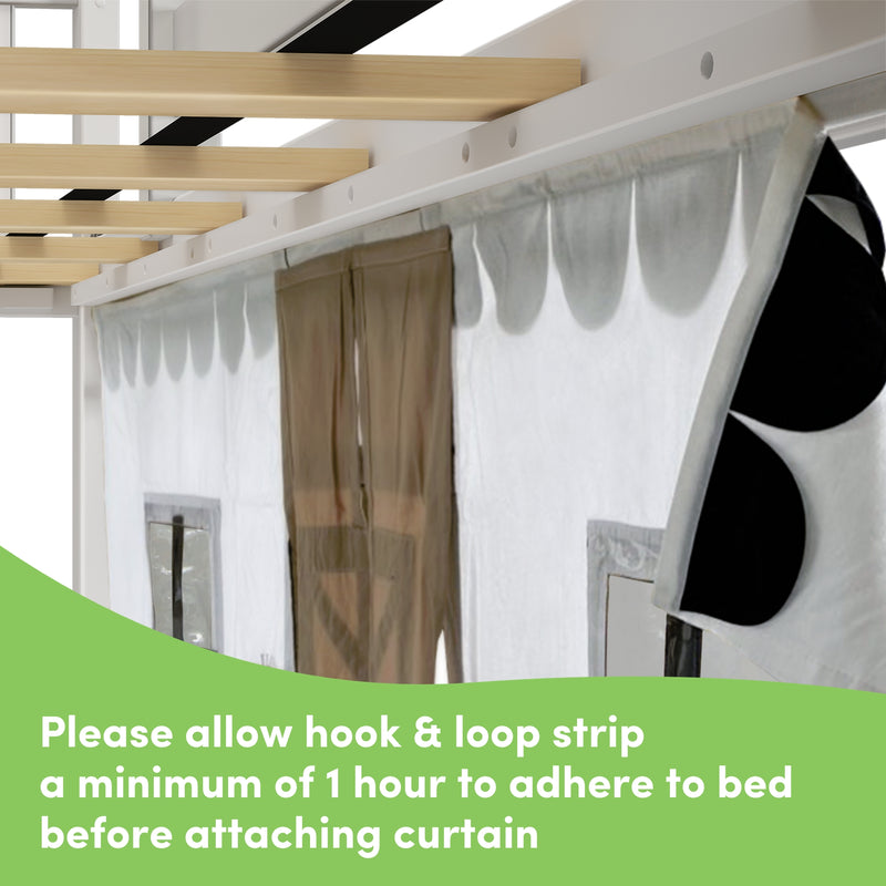 Close-up of bed canopy curtain installation showing a white metal curtain rail with pre-drilled holes, wooden slats overhead, and sheer privacy curtains secured with a hook-and-loop strip