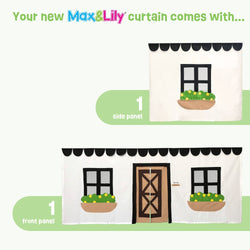 Max & Lily playhouse curtain set with side and front panels featuring window and door designs with flower boxes.