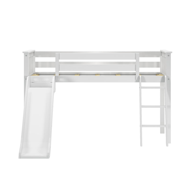 White wooden children's loft bed with slide and ladder — twin-sized space-saving elevated bed with safety rails