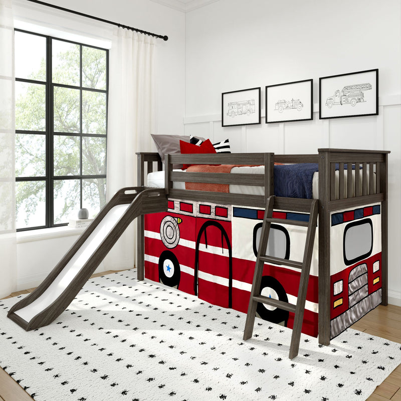 Kids loft bunk bed with slide and red fire-truck play tent in modern children's bedroom with framed truck prints and large window