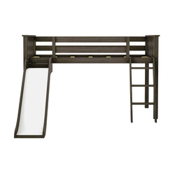 Loft bed with slide and ladder in dark wood finish.