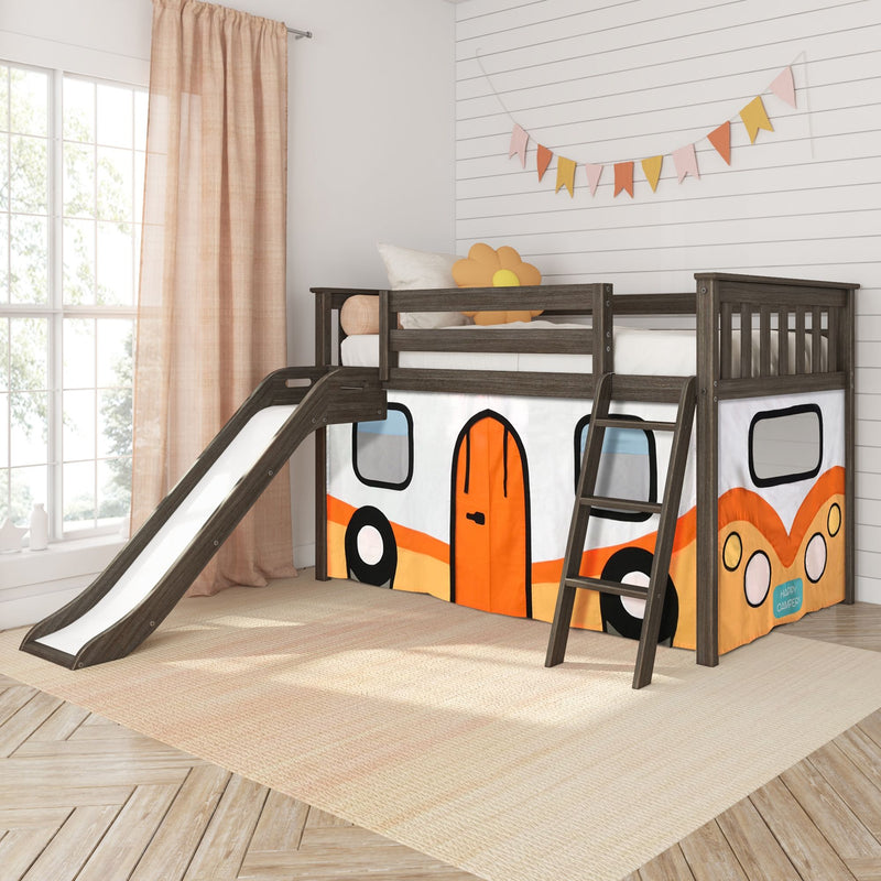 Kids wooden loft bed with slide and ladder featuring an orange-and-white camper-van playhouse curtain — children's loft bed/playhouse for nursery or kids' bedroom with decorative bunting and flower pillow
