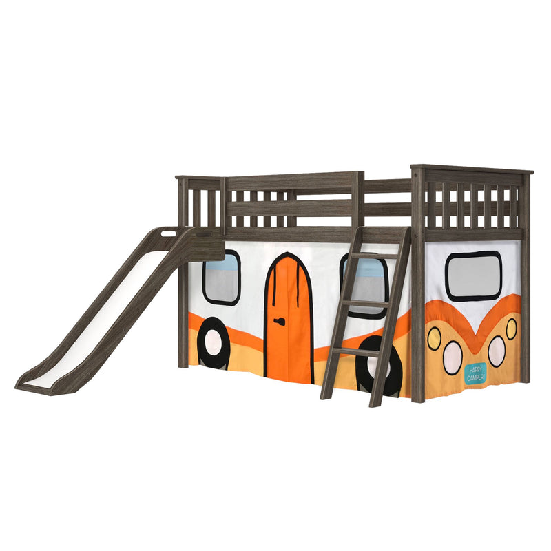 Kids loft bed with slide and ladder — gray wooden children's loft bed with camper-van themed orange and white play tent panels for imaginative play