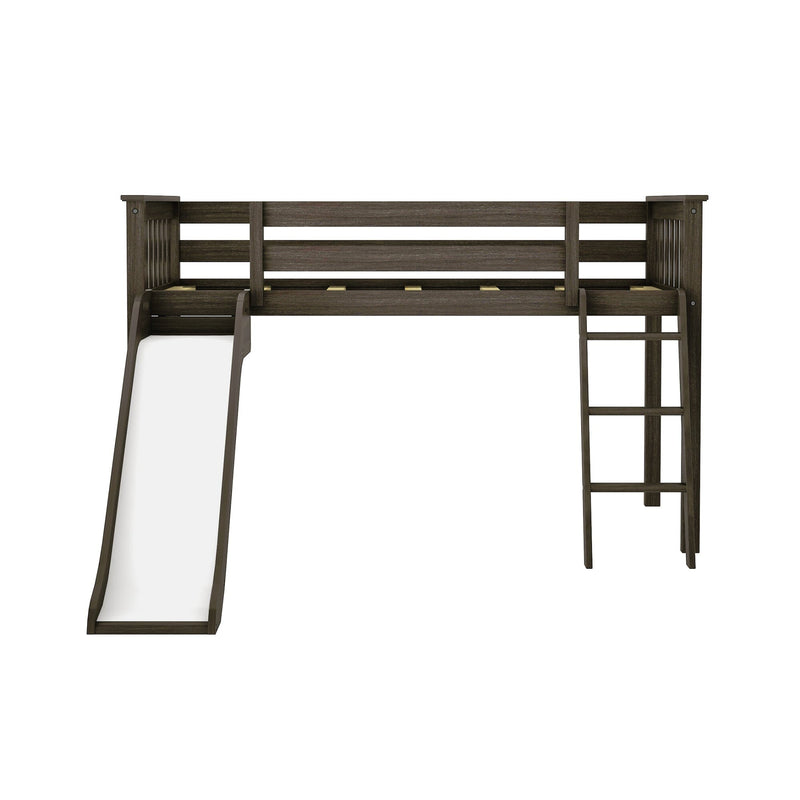 Dark brown wooden twin loft bed with integrated slide and ladder, safety guardrails and space-saving design for kids' bedroom furniture
