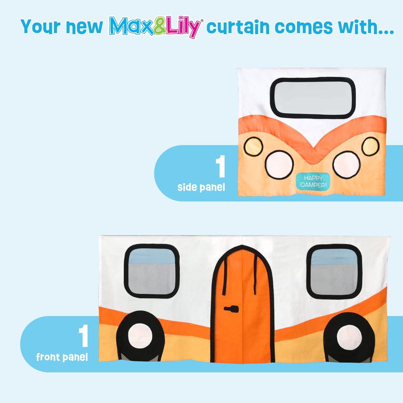 Max & Lily kids orange camper-van curtain set showing front and side panels with windows and door — children's playroom or nursery curtain for indoor play tents