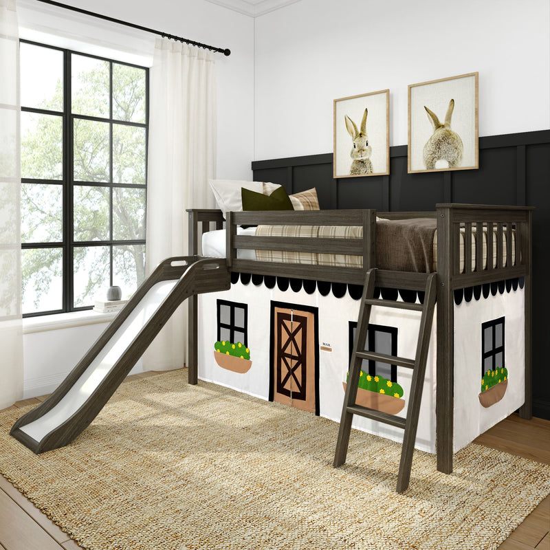 Twin Low Loft Bed with Slide & Black & White Farmhouse Curtain