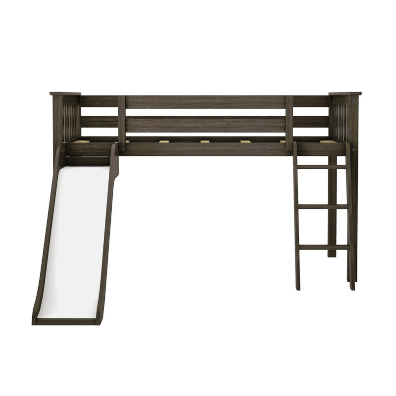 Dark wood twin loft bed with built-in slide and ladder, sturdy slatted guardrails and space-saving play loft for kids' bedroom