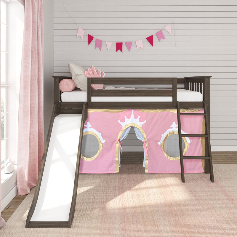 Children's loft bed with slide and pink princess-themed tent and cushions in a cozy bedroom.