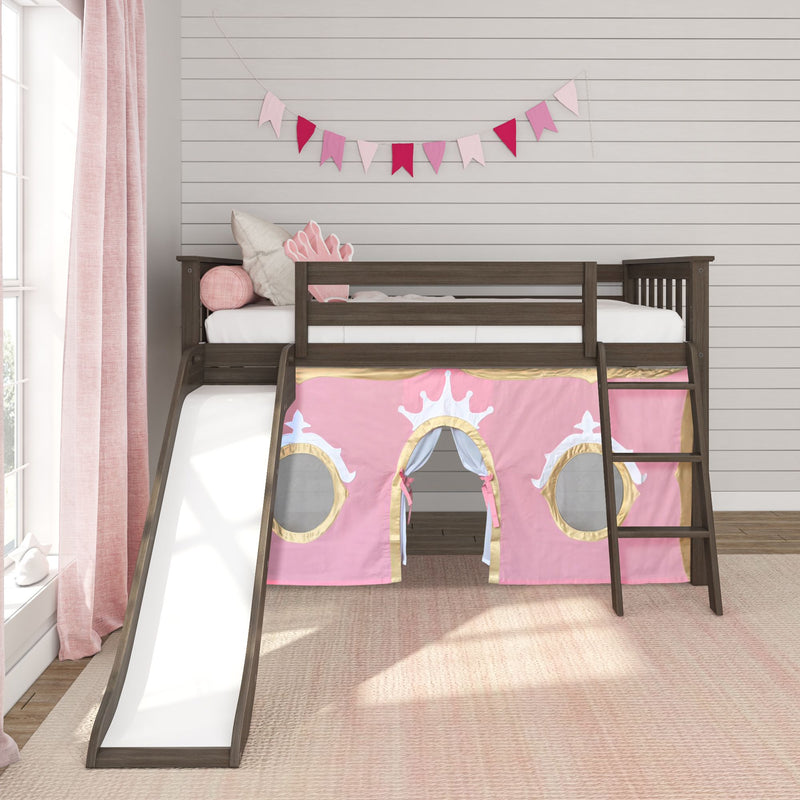 Girls pink princess loft bed with slide and play-tent skirt, dark wood frame with ladder and round window cutouts, pink curtains and bunting in a modern nursery with white shiplap wall