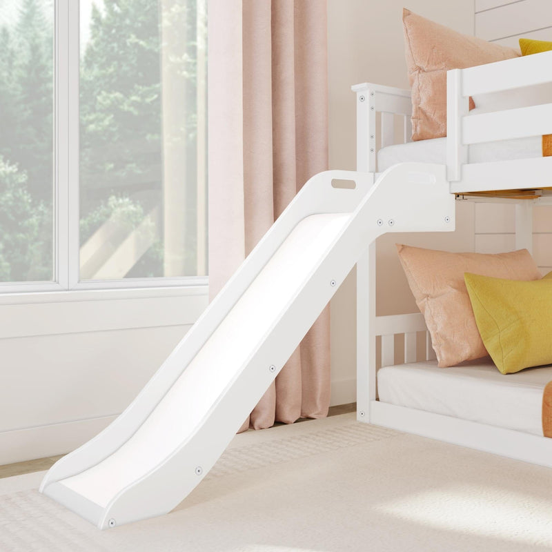 White wooden slide attached to a white bunk bed in a bright children's bedroom with pink curtains, colorful pillows, and modern space-saving design