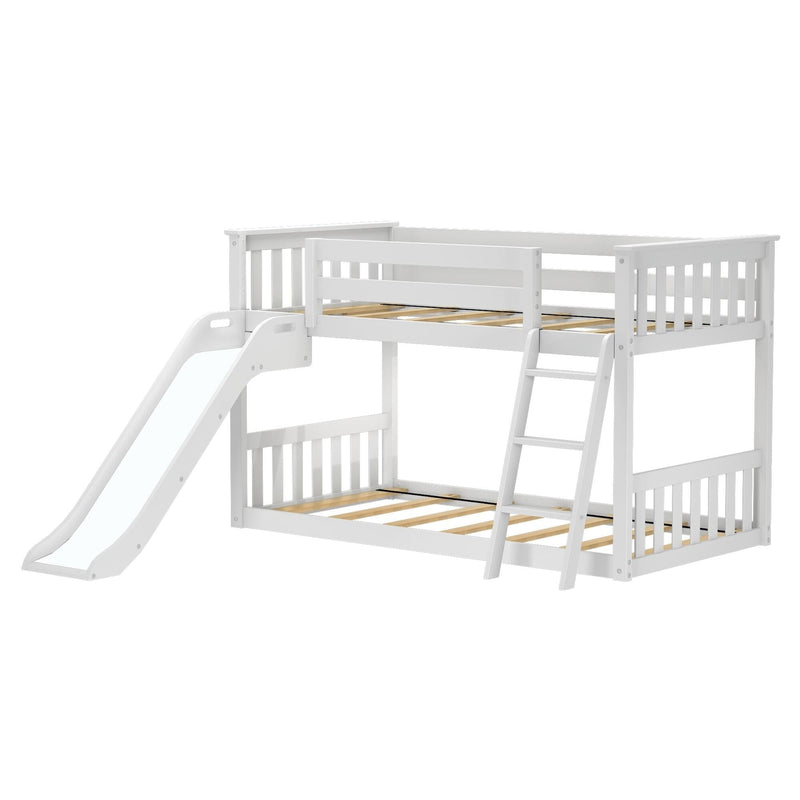 White wooden kids bunk bed with built-in slide and ladder, slatted guardrails and mattress supports — space-saving twin-over-twin children's bedroom furniture