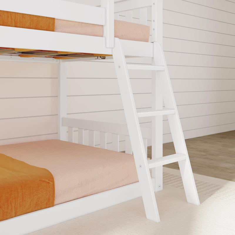 Modern white wooden bunk bed with ladder and peach-orange bedding in bright minimalist children's bedroom with shiplap walls and hardwood floor