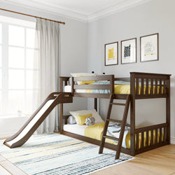 Wooden bunk bed with slide in bright kids' room featuring yellow bedding, large window, and framed animal prints on wall.