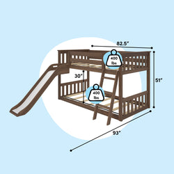 Espresso solid-wood twin-over-full bunk bed with slide and angled ladder for kids, 93" long x 82.5" wide x 51" high, 30" top clearance, 400 lb capacity per bed