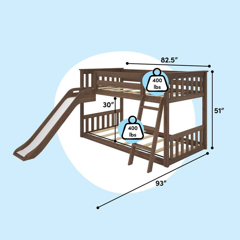 Espresso solid-wood twin-over-full bunk bed with slide and angled ladder for kids, 93" long x 82.5" wide x 51" high, 30" top clearance, 400 lb capacity per bed
