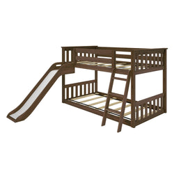 Wooden bunk bed with slide and ladder for kids' bedroom furniture.