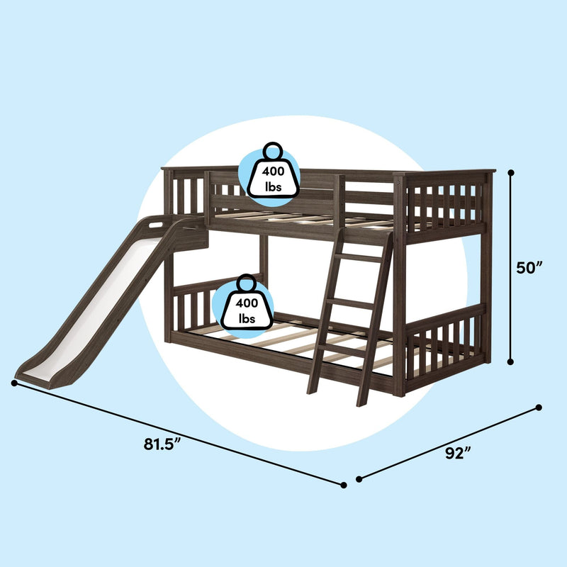 Dark wood twin-over-full loft bunk bed with slide and ladder, guardrails, 400 lb weight capacity per bed, 81.5 in x 92 in footprint, 50 in height