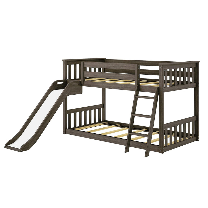 Grey-brown wooden twin-over-twin loft bunk bed with built-in slide and ladder, slatted safety rails and sturdy slat mattress supports for kids' bedroom
