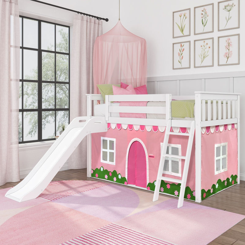 Pink-themed children's bedroom with a loft bed featuring a slide and a playhouse design, ideal for playful and stylish kids' room decor.