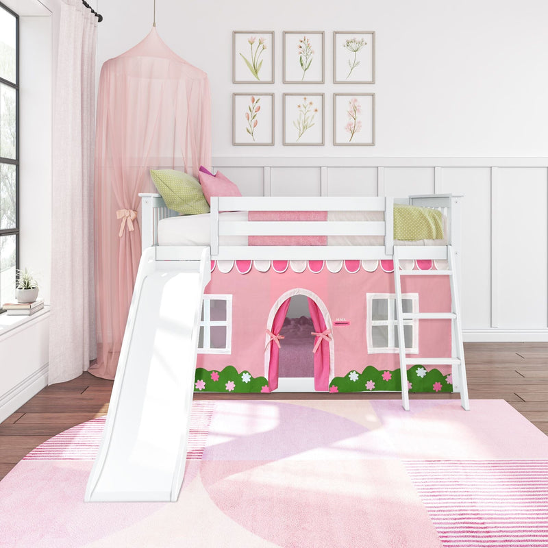 Pink playhouse loft bed with slide and ladder, white wooden frame, canopy, pillows and floral wall art in girls' bedroom