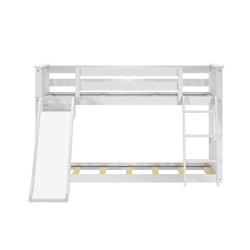 White children's loft bed with slide and ladder for kids' bedroom.