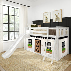 Children's loft bed with slide and house-themed play curtain in a cozy bedroom.