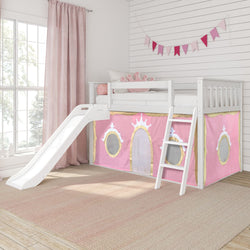 Children's loft bed with slide and princess-themed curtains in a bright, cozy bedroom.