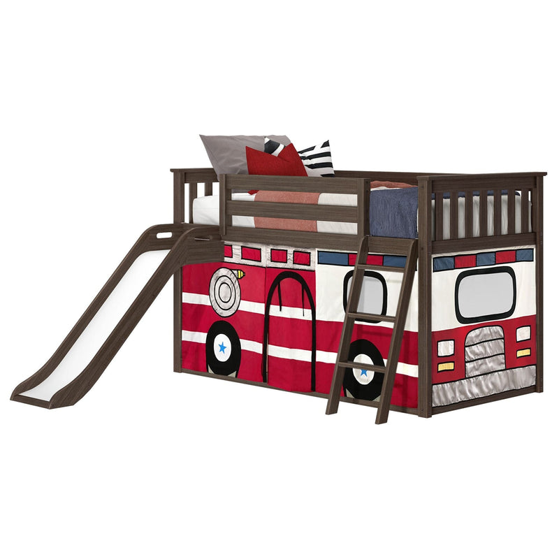 Children's fire truck-themed loft bed with slide and ladder, perfect for kids' bedroom furniture.