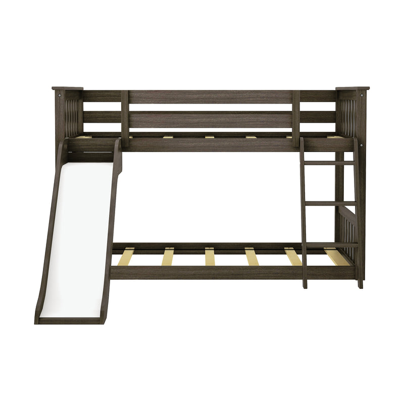 Kids loft bunk bed with slide and ladder, dark brown wooden frame with slatted guardrails, space-saving kids bunk for play or storage beneath