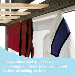 Hook and loop strip on bunk bed with curtains, installation guidance.