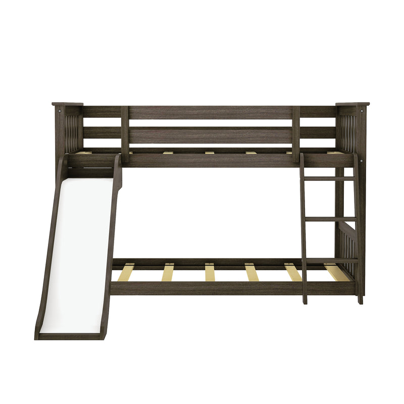 Twin Over Twin Low Bunk Bed with Slide & Pink & White Farmhouse Curtain