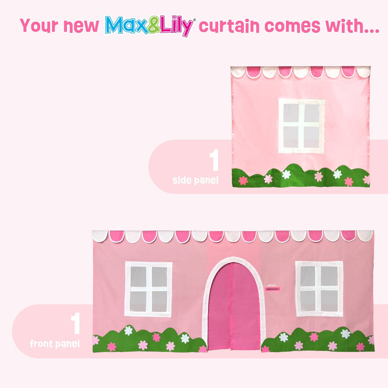 Max & Lily pink playhouse curtain panels — front and side panels with scalloped valance, windows, arched door, and flower trim for kids' play tent