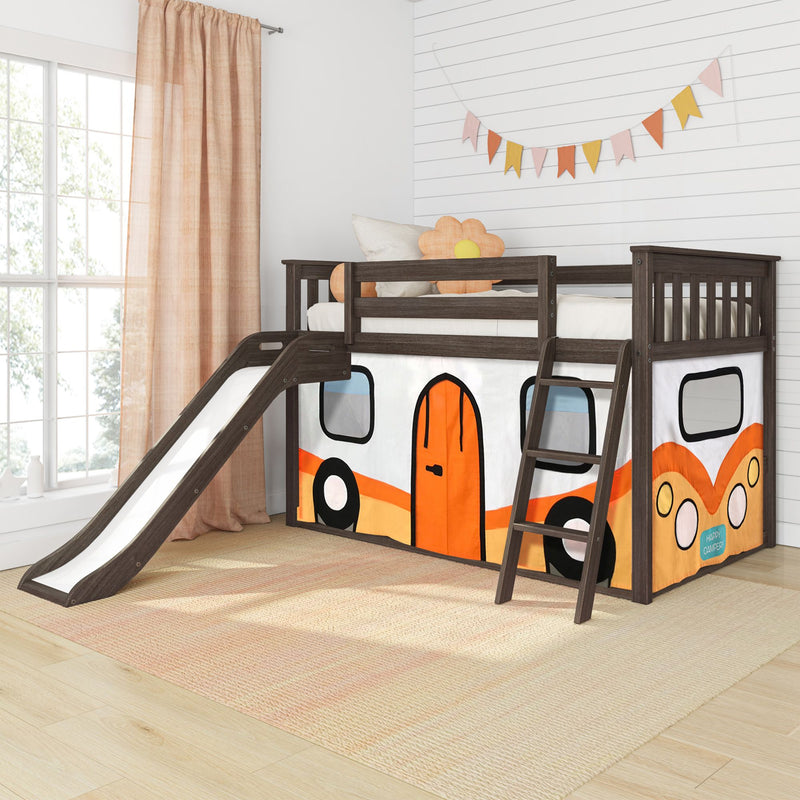 Twin Over Twin Low Bunk Bed with Slide & Camper Van Curtain