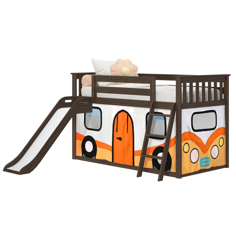Twin Over Twin Low Bunk Bed with Slide & Camper Van Curtain