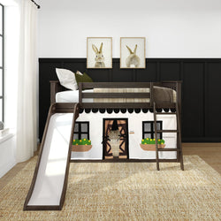 Children's loft bed with slide, ladder, and playhouse curtain in a cozy bedroom setting.