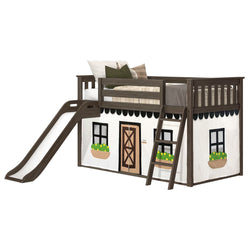Loft bed with slide and playhouse design, featuring a rustic wood finish and decorative panels resembling windows and a door.