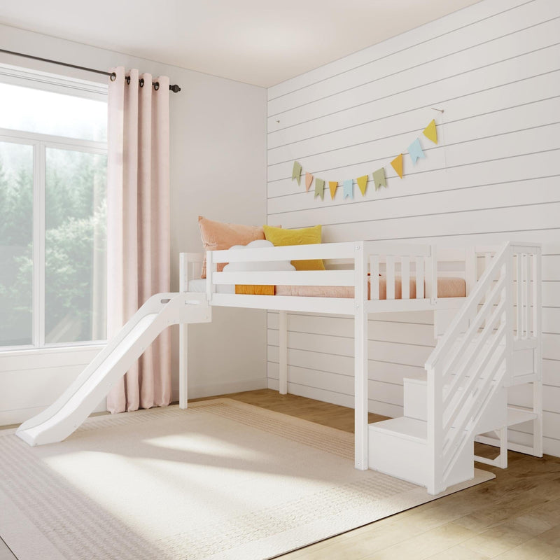 Sunlit modern kids bedroom with white loft bed featuring a slide and staircase, pastel pillows, shiplap accent wall, large window and soft area rug