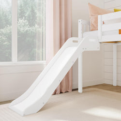 White loft bed with slide in bright children's bedroom.