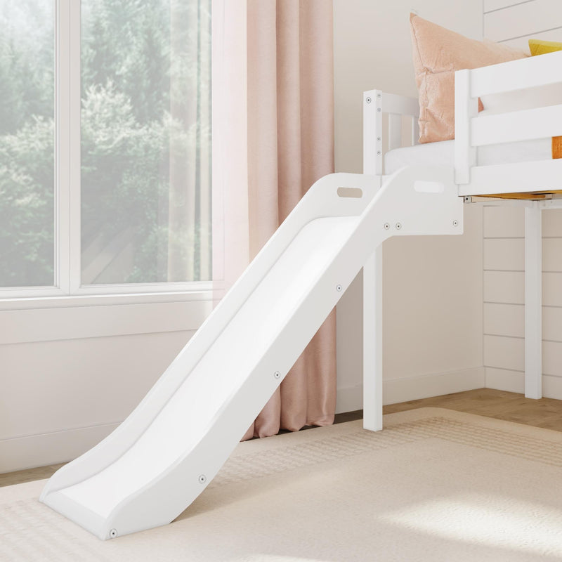 White wooden loft bed with slide in a bright modern kids' bedroom, pink pillows and curtains beside a large window with natural light