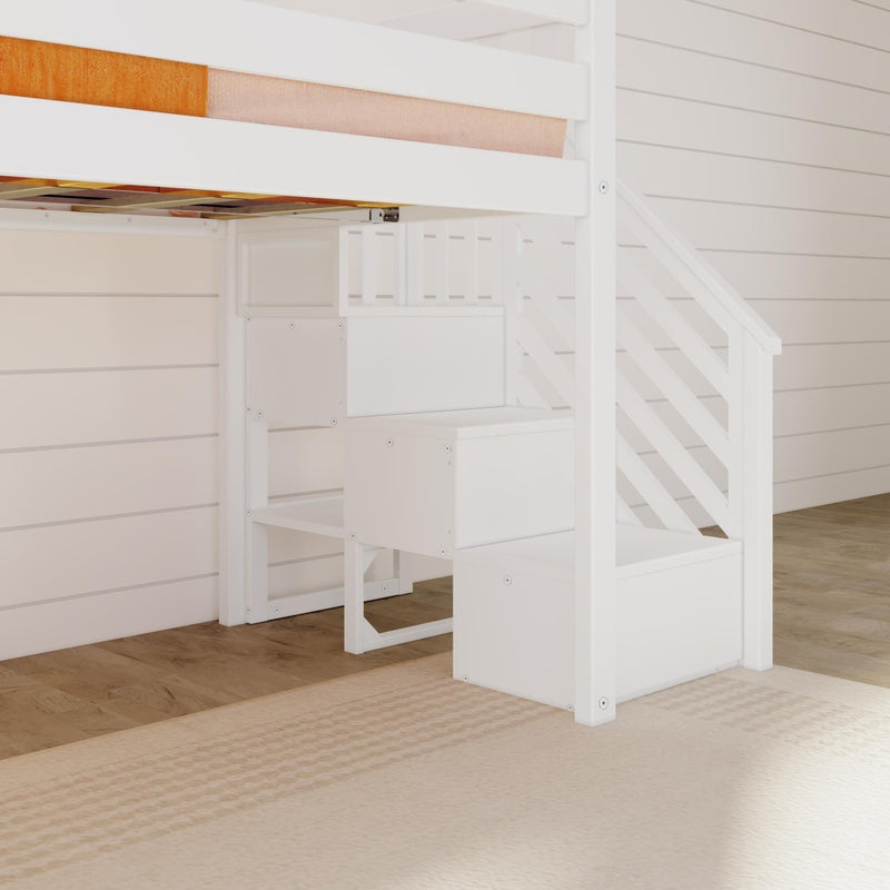 White loft bed with staircase and storage in a bright, modern bedroom setting.